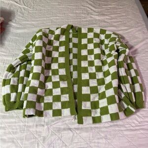 Green and White Checkered Cardigan